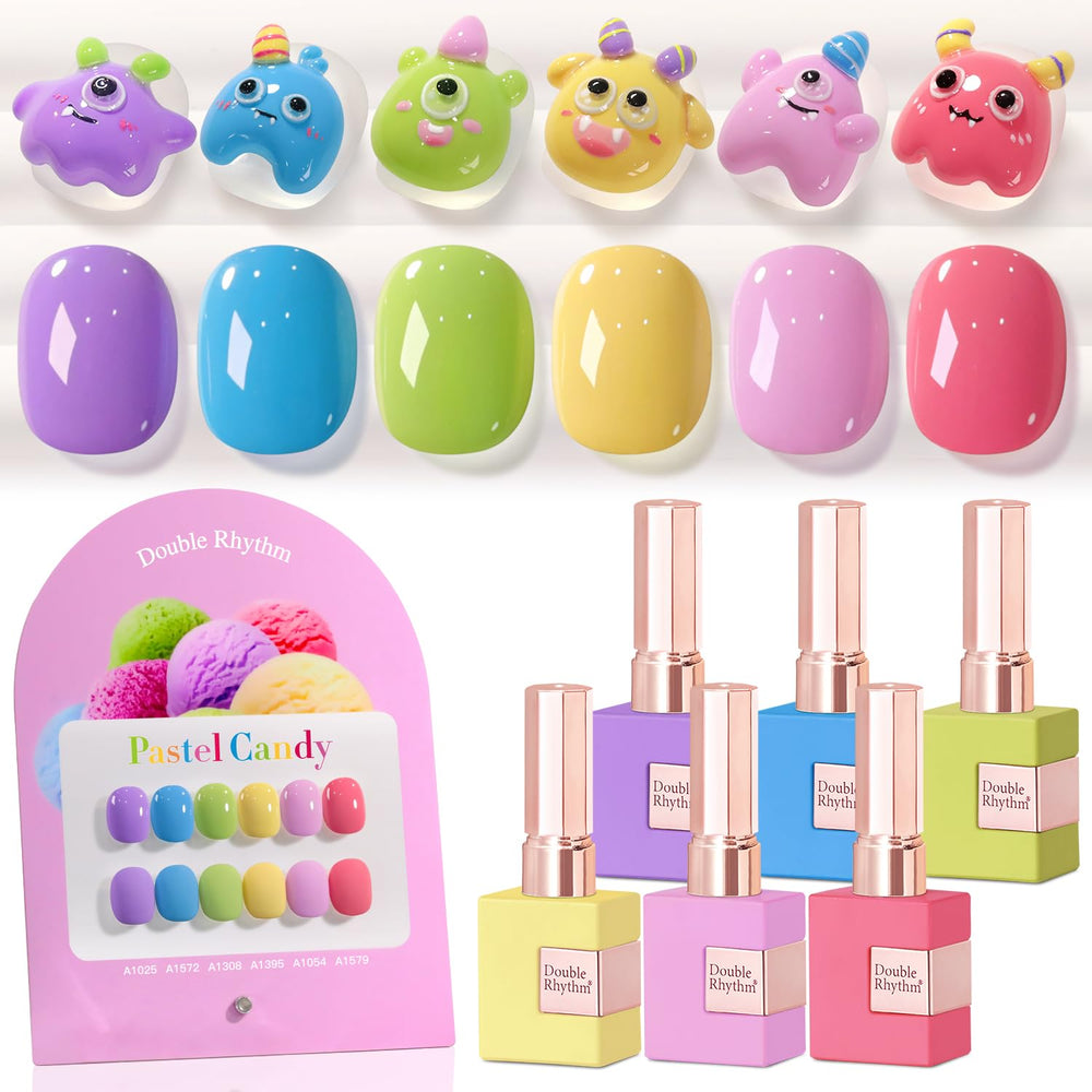 Double Rhythm gel polish bottles on display showing the 6-piece set for easy color choice