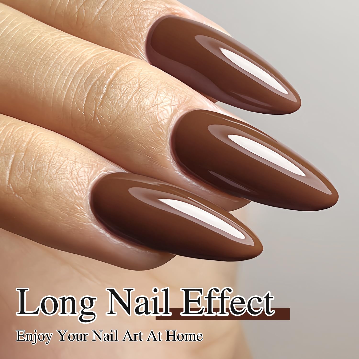 Gel polish swatch shows creamy brown shade on nails