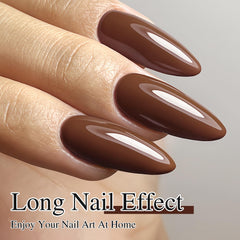 Gel polish swatch shows creamy brown shade on nails