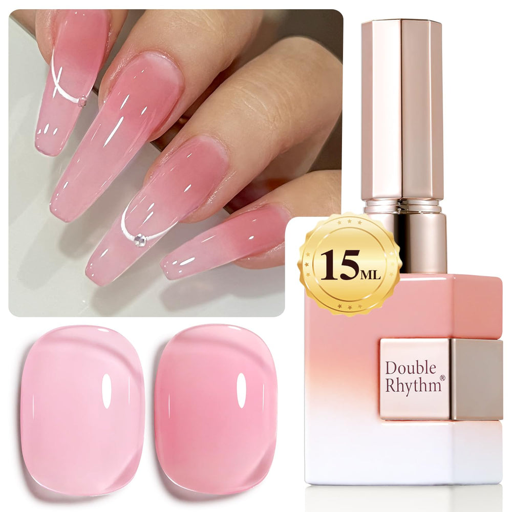 Double Rhythm translucent pink 15ml bottle showing a subtle, buildable neutral look.