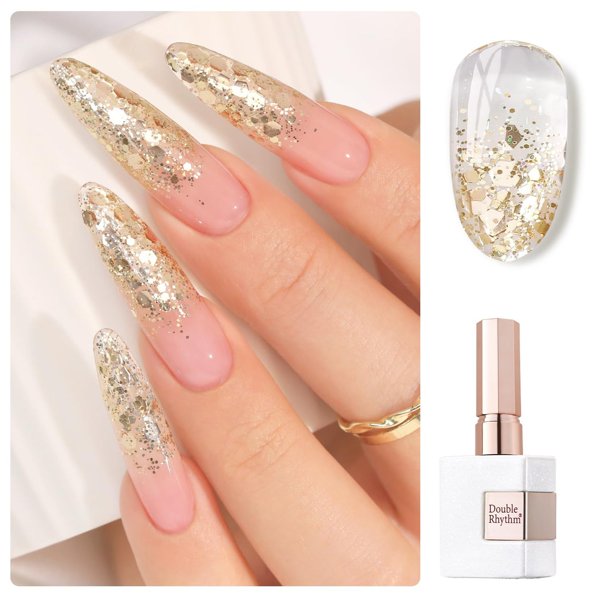 Double Rhythm glitter gel polish bottle front shows pearlescent shimmer.