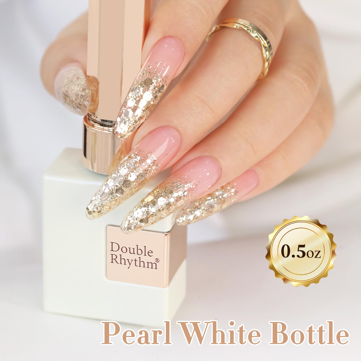Double Rhythm glitter gel polish dries to high-gloss shine.
