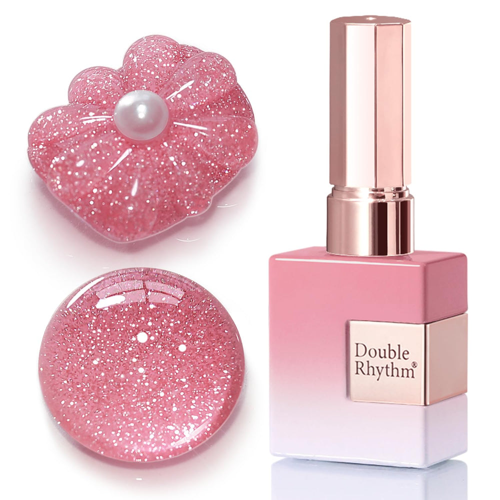 Double Rhythm light pink glitter gel polish in jar showing shimmering all-season nail shade.