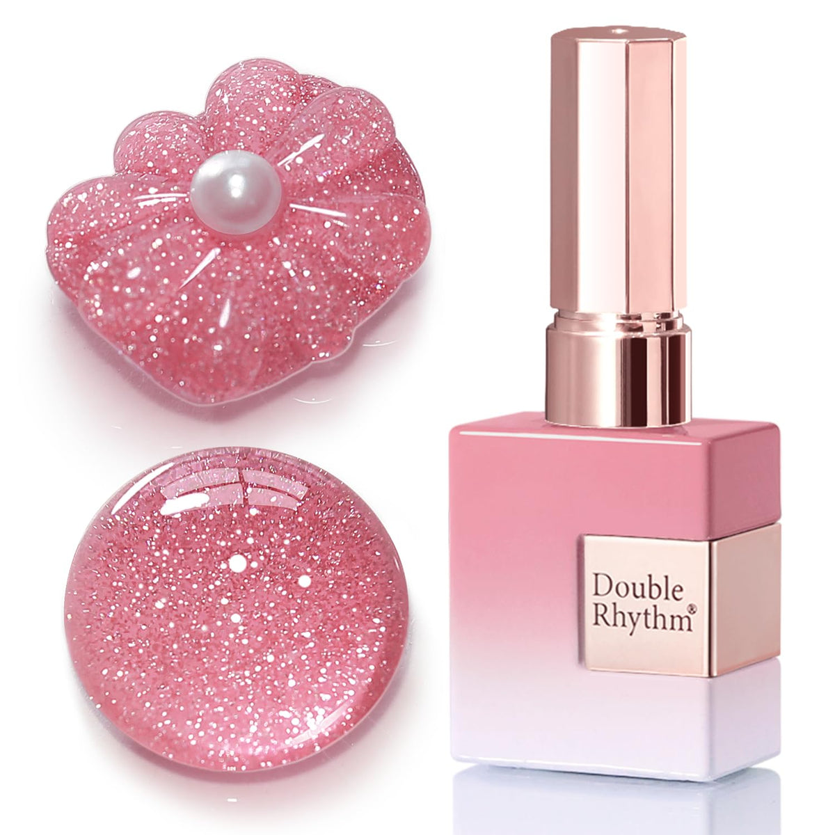 Double Rhythm light pink glitter gel polish in jar showing shimmering all-season nail shade.