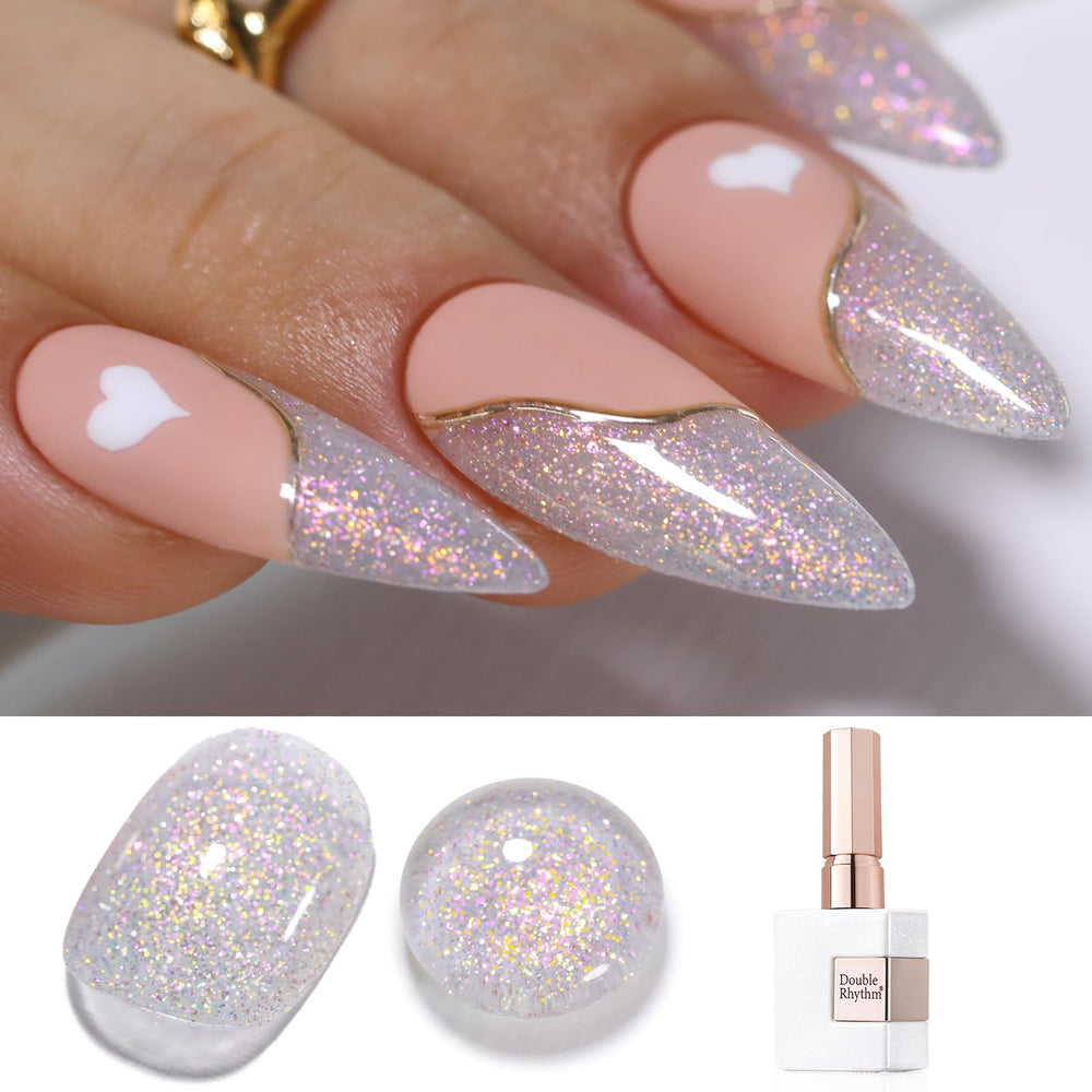 Double Rhythm pink B1153 glitter gel polish bottle closeup highlighting its vibrant sparkle.