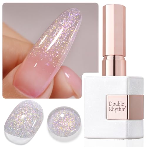 Double Rhythm pink B1153 bottle tilt reveals holographic shimmer for nail art inspiration.