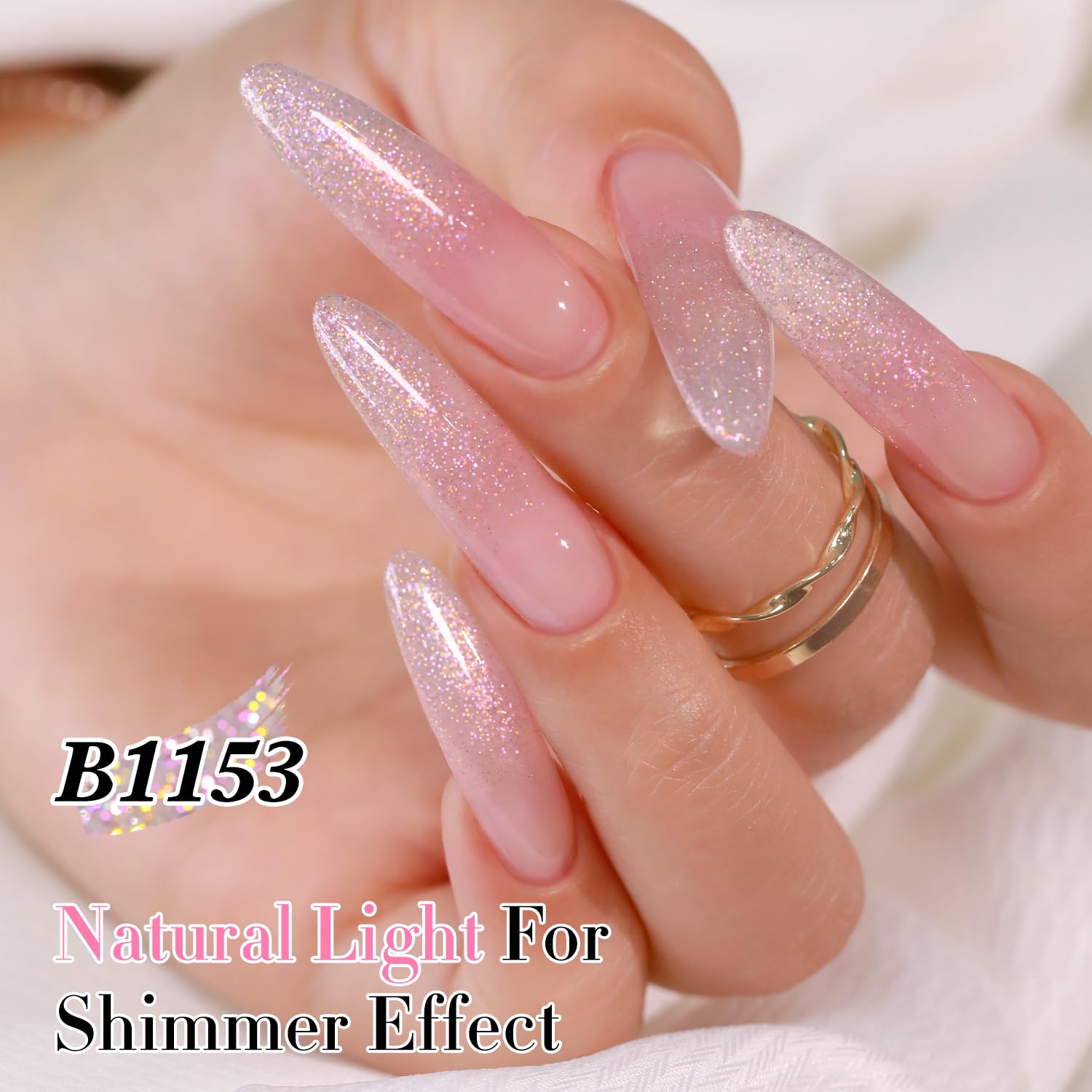 Double Rhythm pink B1153 glitter gel nails showcasing high gloss finish.