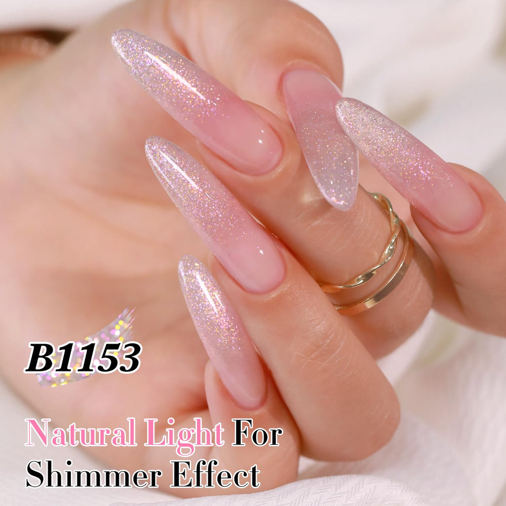 Double Rhythm pink B1153 glitter gel nails showcasing high gloss finish.