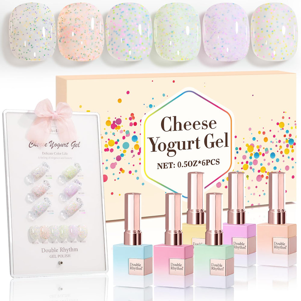 Double Rhythm glitter gel polish set with display board showing six vibrant colors
