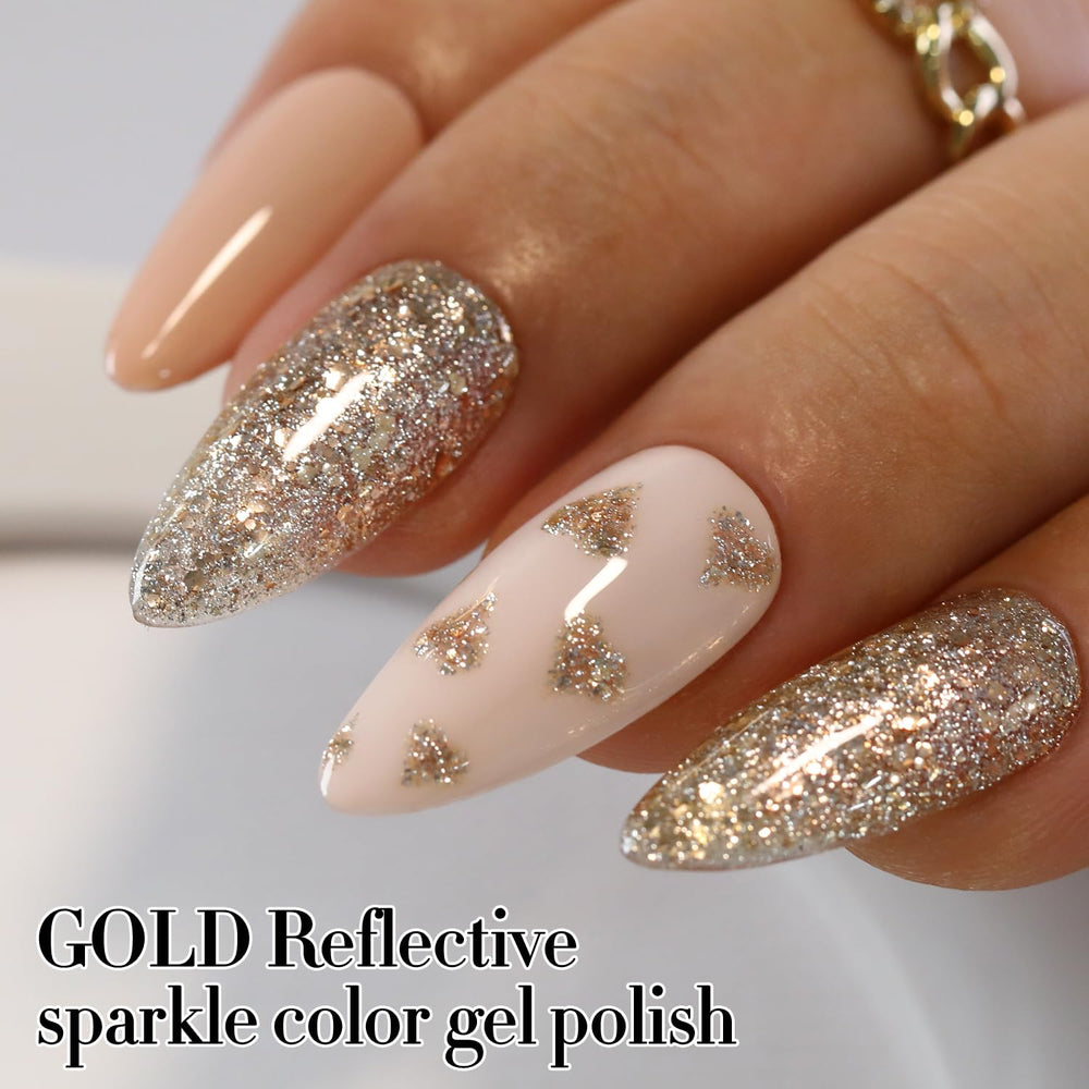 Swatch card shows holographic shimmer with Double Rhythm glitter gel polish.