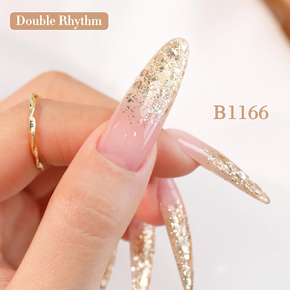 Double Rhythm glitter gel polish top coat seals glossy finish.
