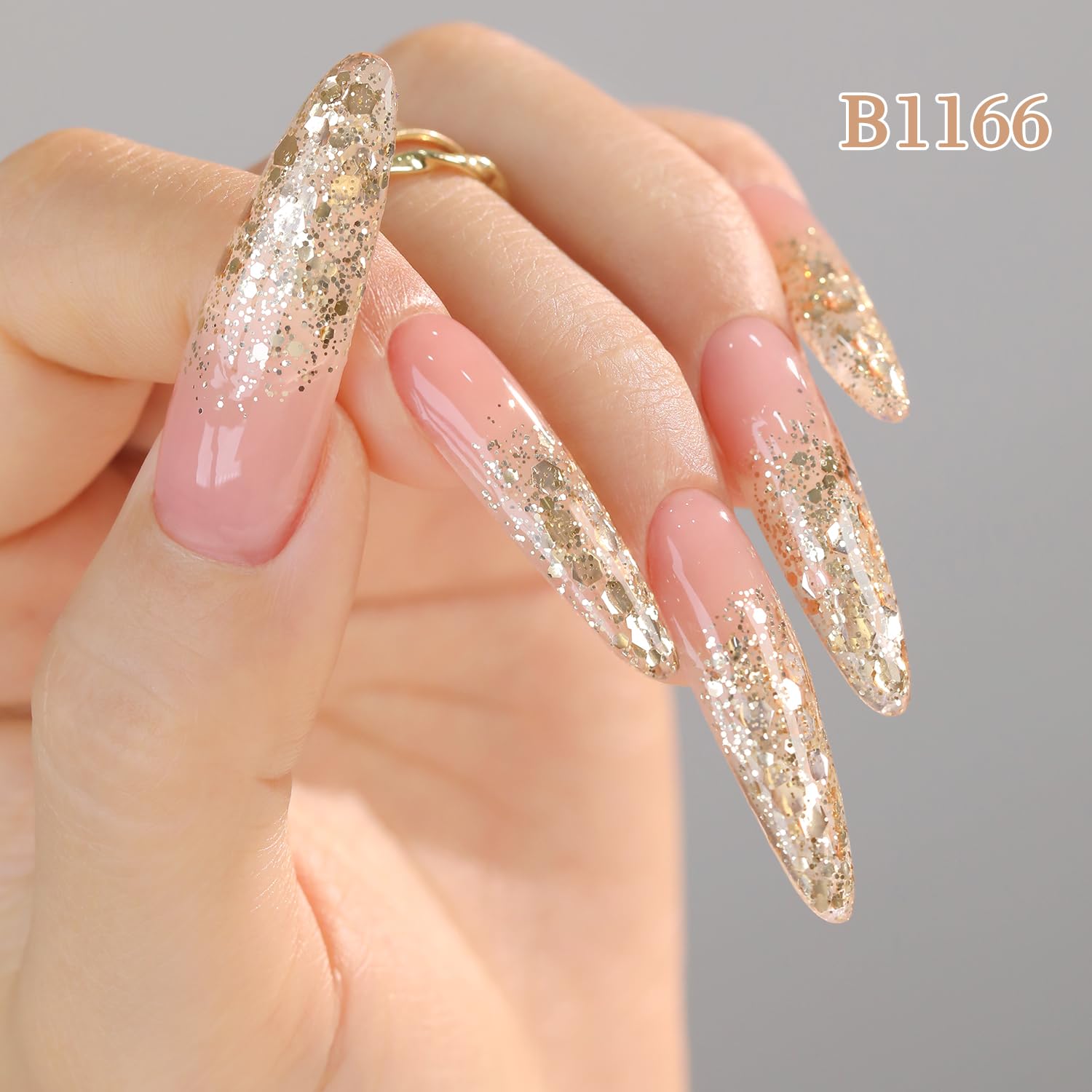 Double Rhythm glitter gel polish under UV/LED curing process in salon.