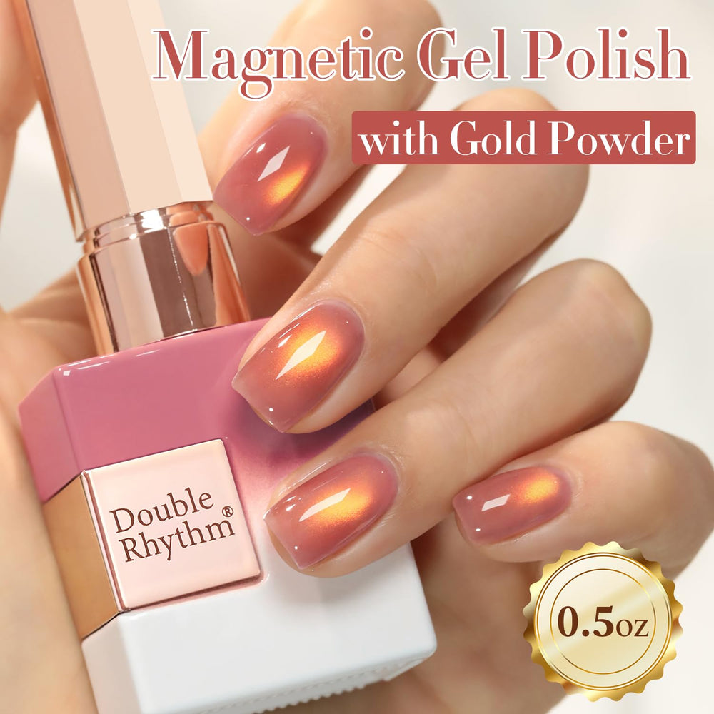 Double Rhythm holographic glitter sheen in grape-gold cat-eye polish during magnet use