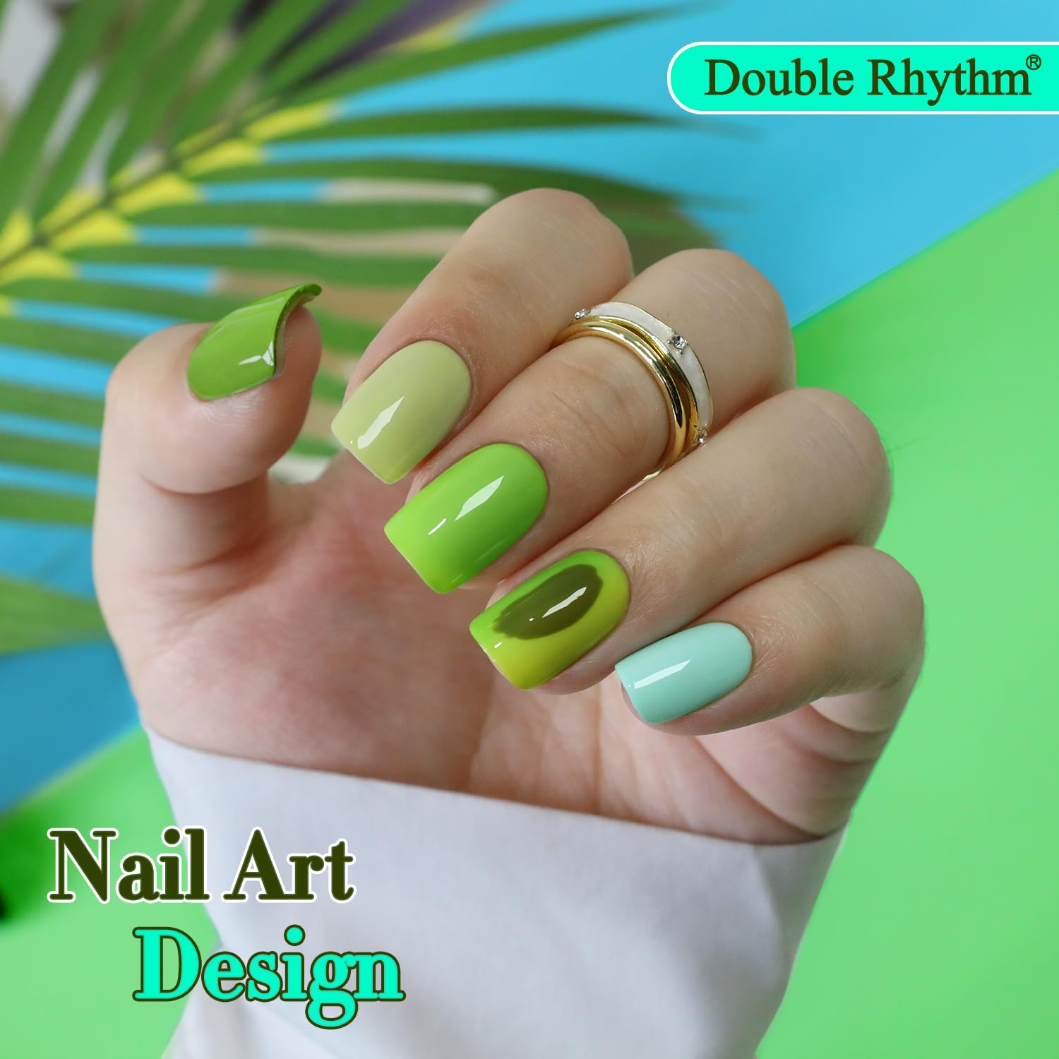Double Rhythm glossy olive-teal nails illustrate a high-shine finish.