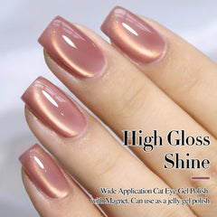 Golden Violet sheer color on nails with subtle glow.