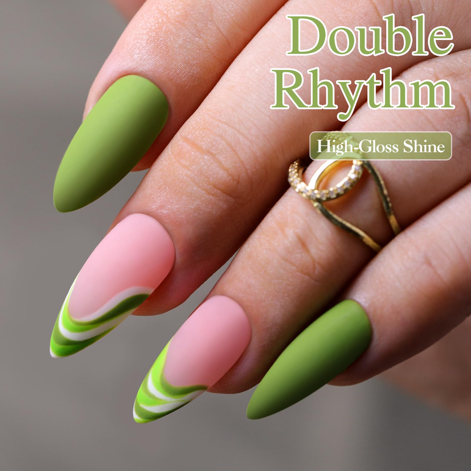 Double Rhythm gel polish delivers a high-gloss finish on nails.
