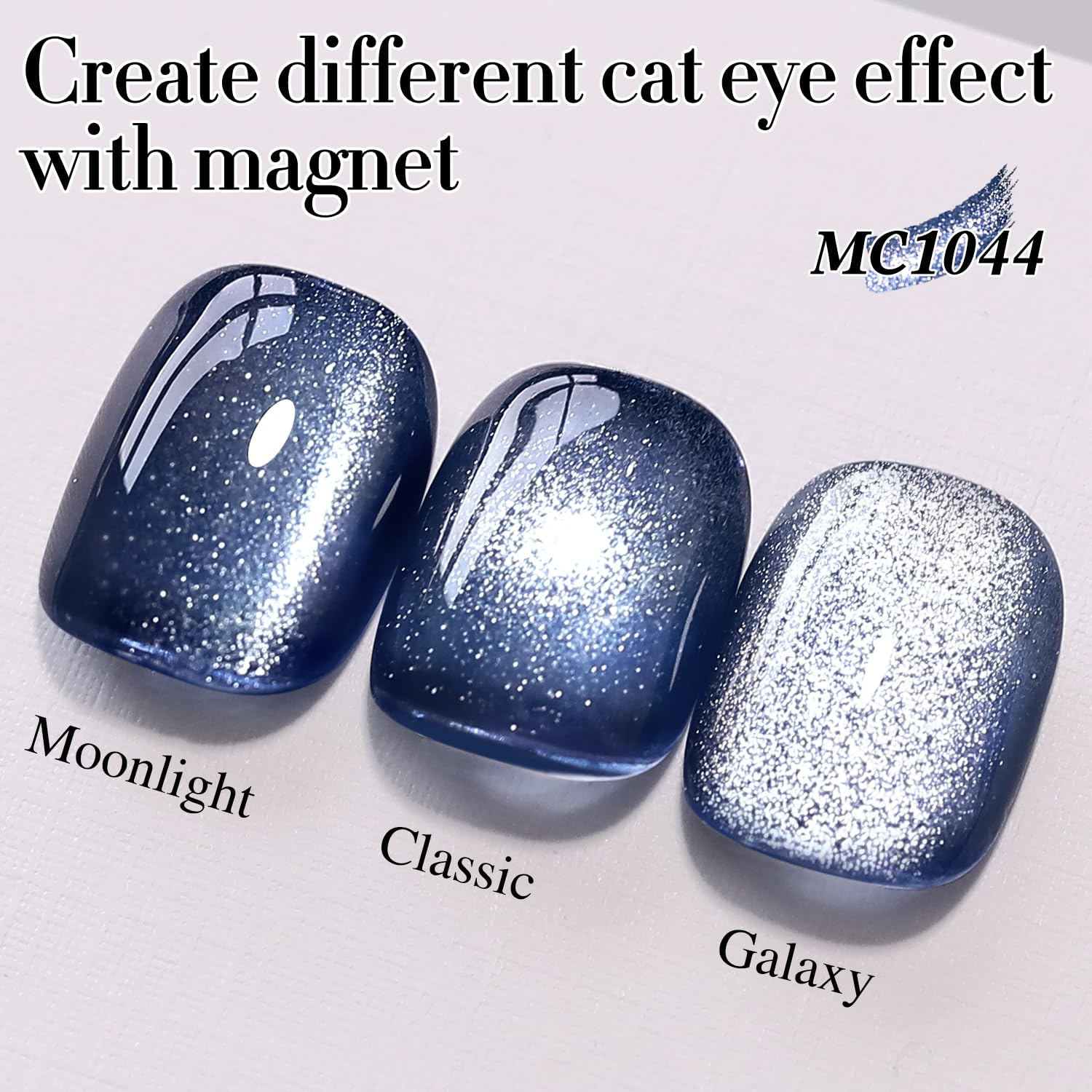 Nails with holographic glitter shimmer using Double Rhythm cat eye polish.