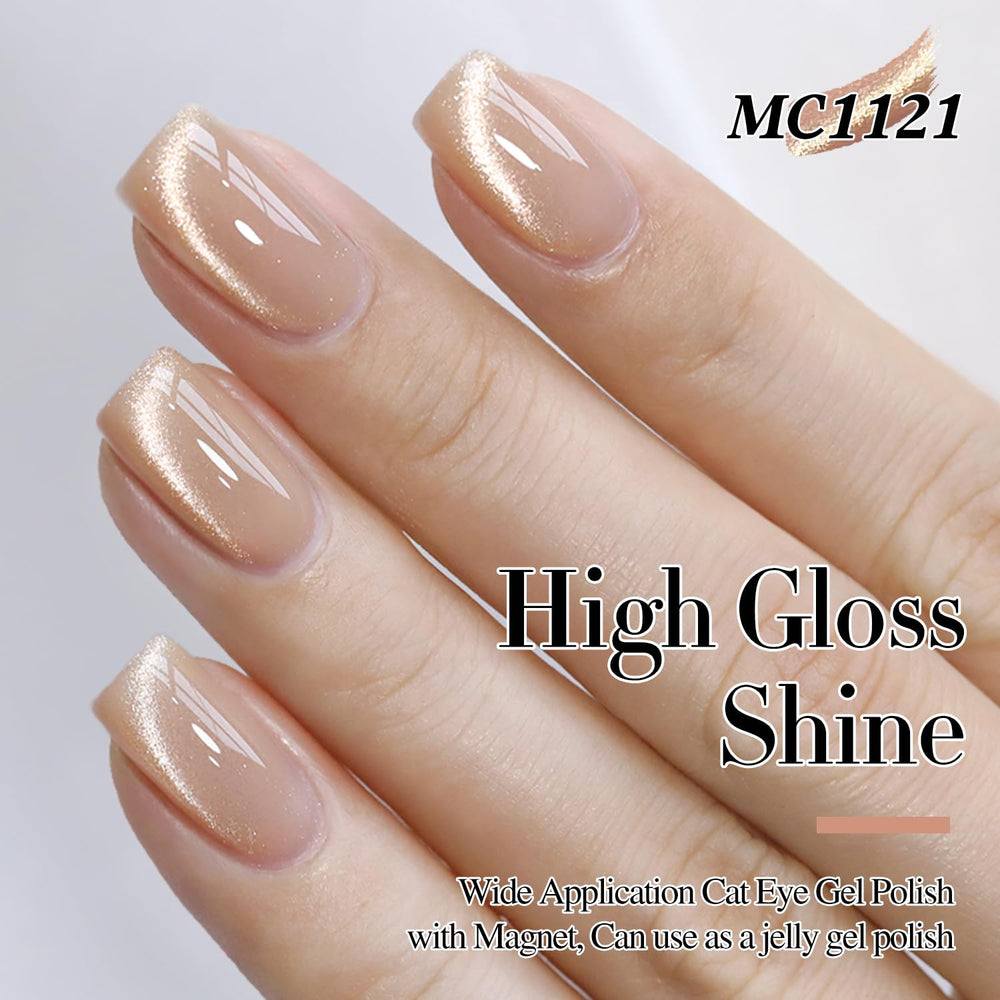 Double Rhythm holographic glitter swirls on translucent nude base for subtle shine.