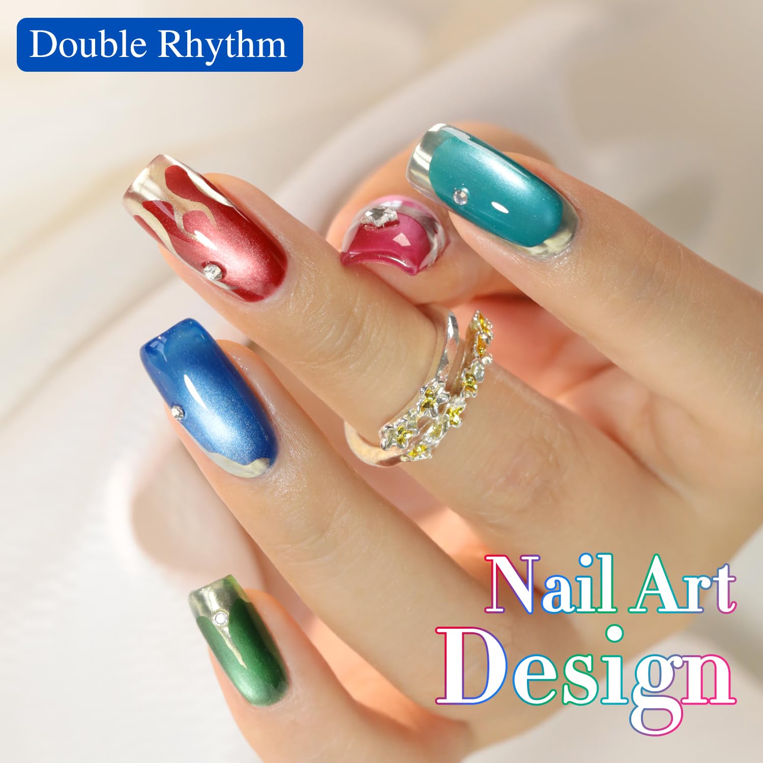 Home manicure setup featuring Double Rhythm cat eye polishes.
