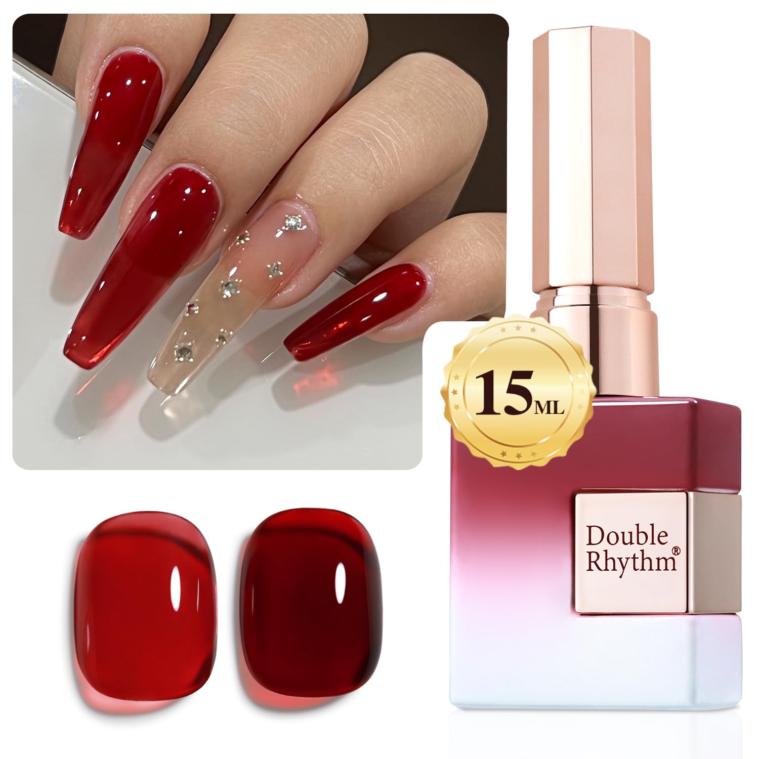 Double Rhythm jelly gel polish 15ml burgundy bottle shows translucent, milky color.