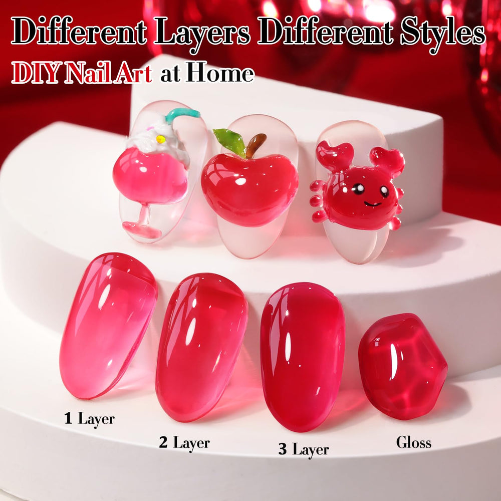 Double Rhythm jelly gel polish color swatch on nail demonstrates sheer neutral red tint.