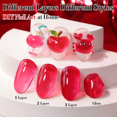 Double Rhythm jelly gel polish color swatch on nail demonstrates sheer neutral red tint.