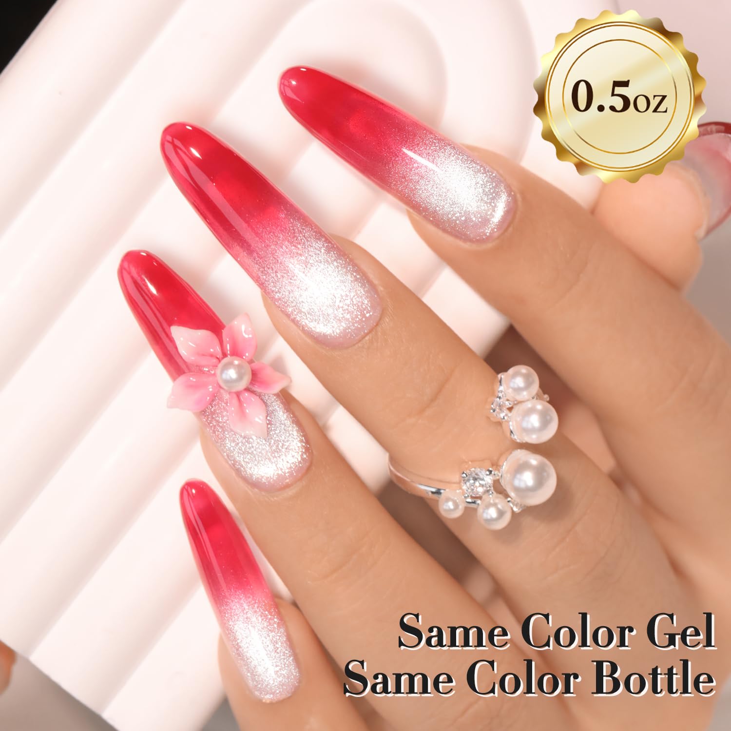 Double Rhythm jelly gel polish glossy finish on nail enhances shine.