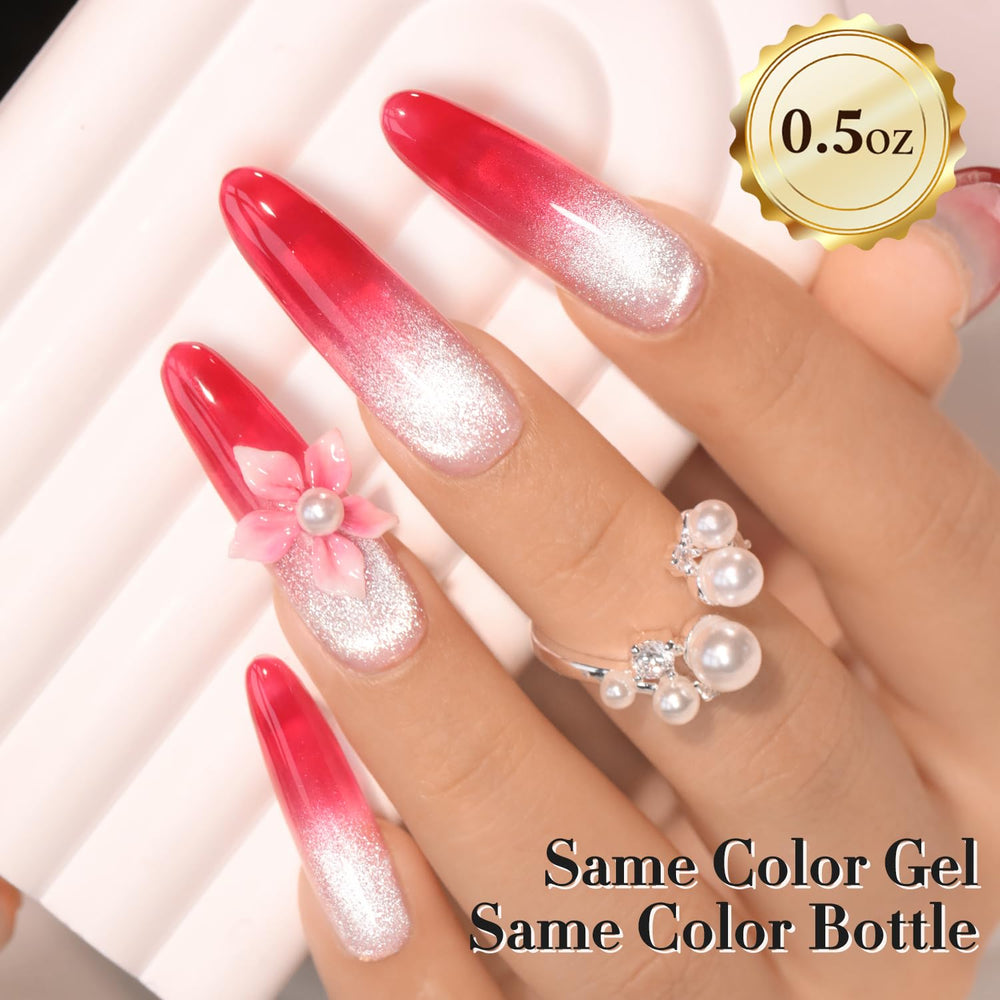 Double Rhythm jelly gel polish glossy finish on nail enhances shine.