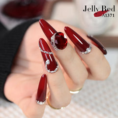 Double Rhythm jelly gel polish swatch reveals sheer burgundy with layered effect.