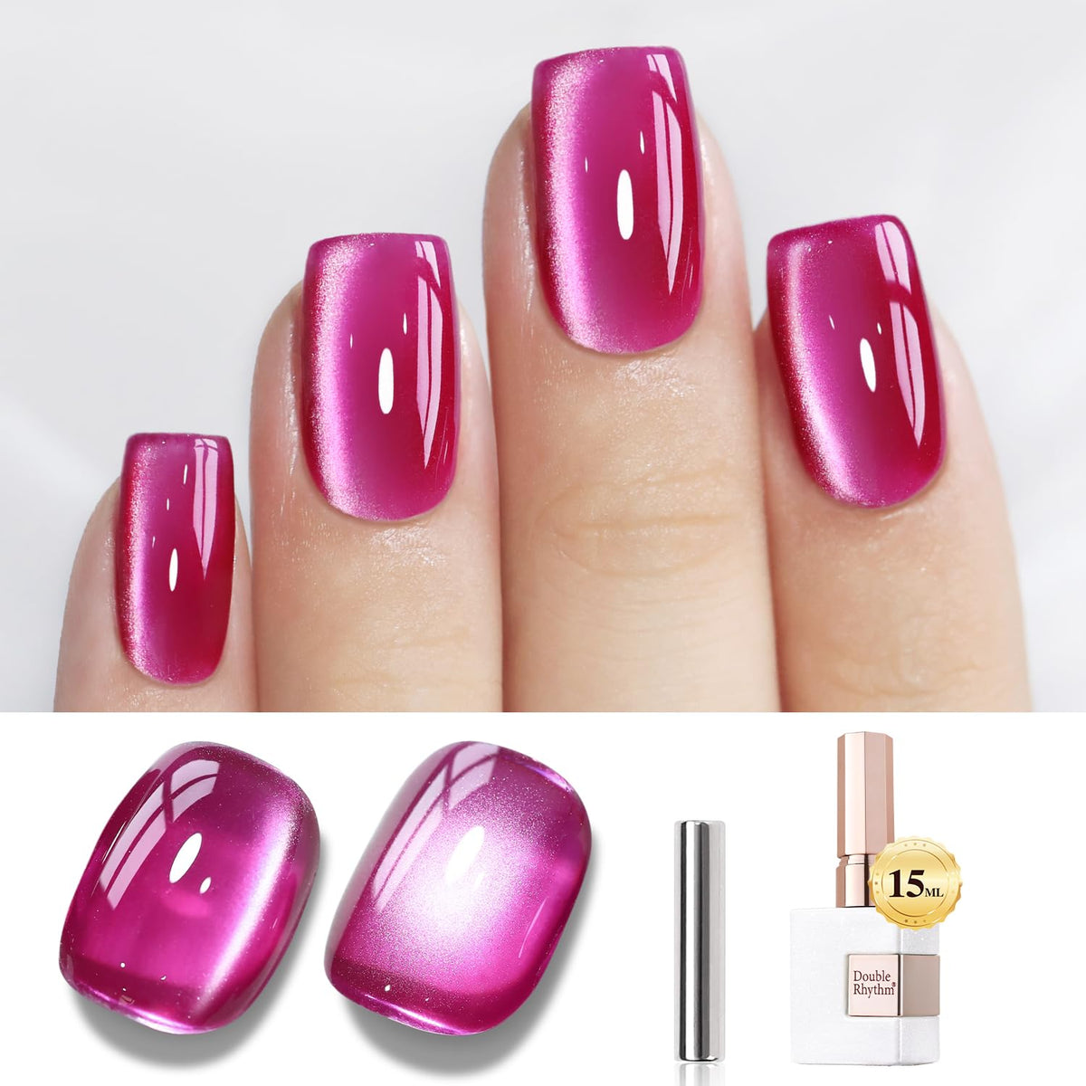 Double Rhythm Jelly Glass Cat Eye Violet 15ml bottle shows magnetic shimmer for eye-catching nails.