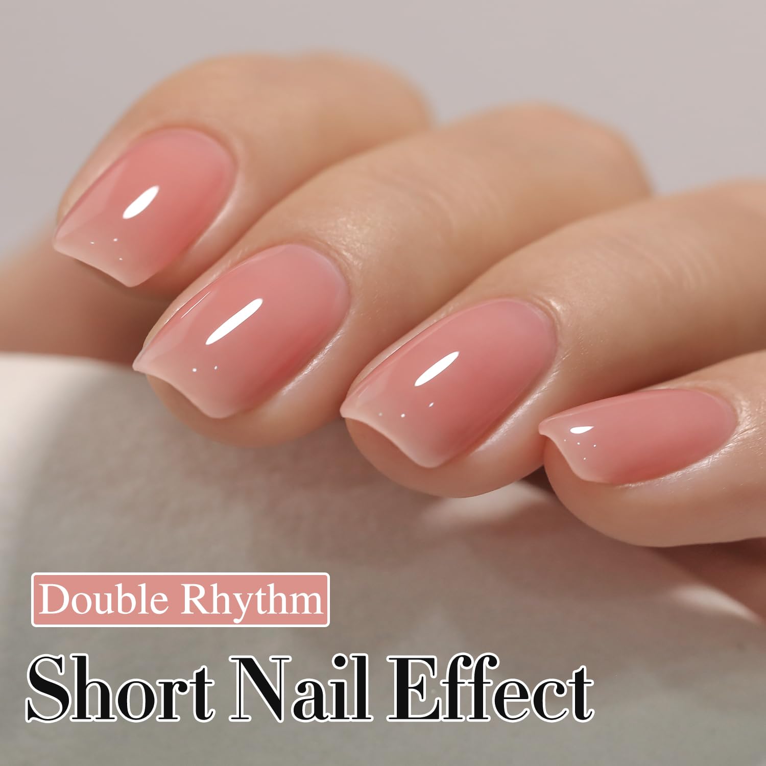 Double Rhythm jelly nail polish milky sheer swatch highlighting soft pink glow for at‑home manicures