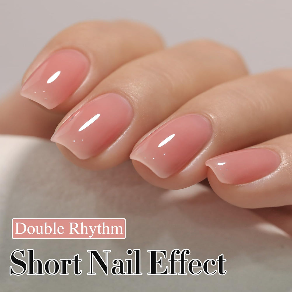 Double Rhythm jelly nail polish milky sheer swatch highlighting soft pink glow for at‑home manicures