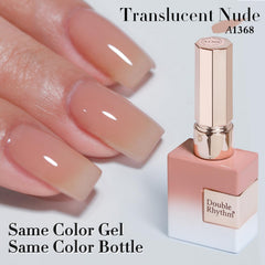 Double Rhythm Jelly Nude gel polish swatch on nail showing sheer color