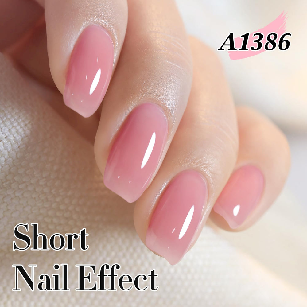 Double Rhythm jelly polish swatch reveals soft milky pink with glow.
