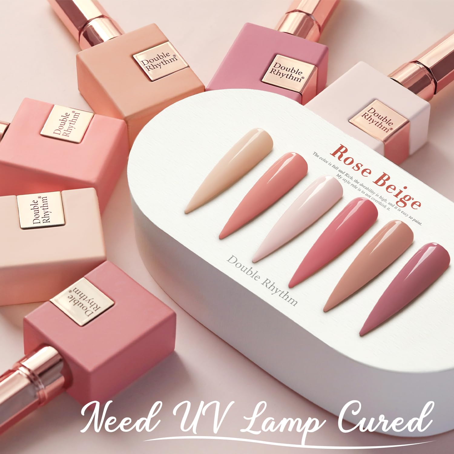 Double Rhythm soft shimmer gel polish adds subtle glow.