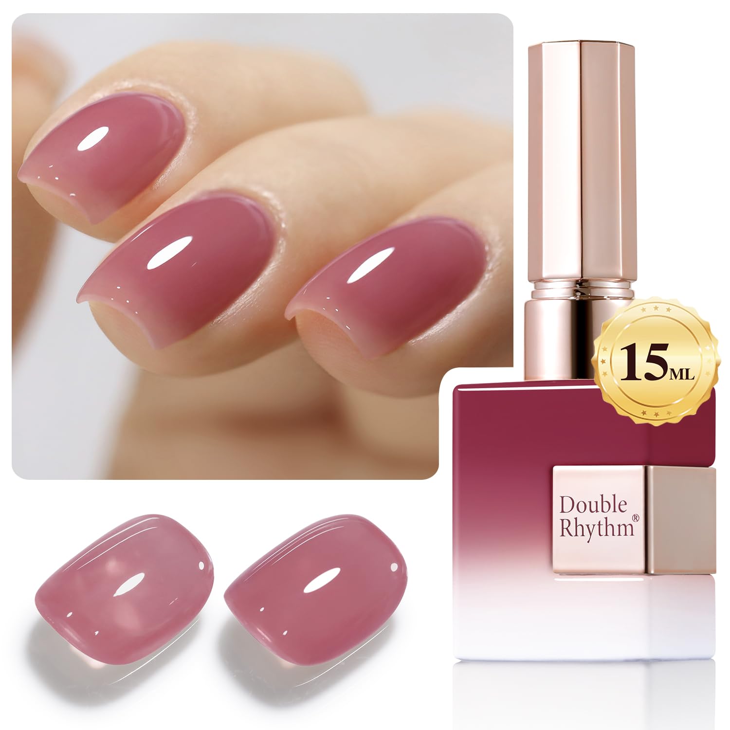 Double Rhythm light plum gel polish bottle close-up with sheer pastel glow and glossy finish.