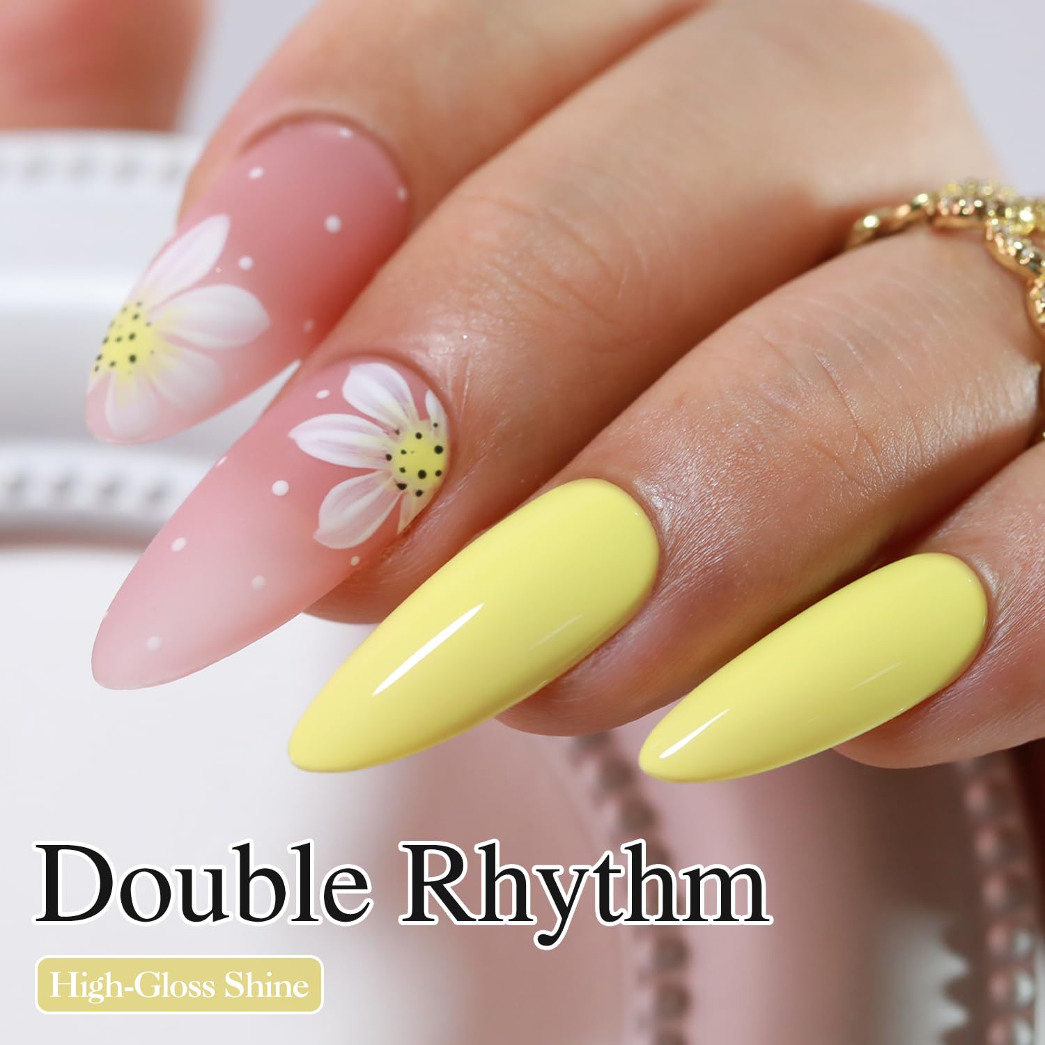 Double Rhythm light yellow bottle opened showing color sample