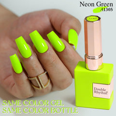 Double Rhythm Lime Green Gel Polish swatch demonstrates sheer neon hue and easy layering