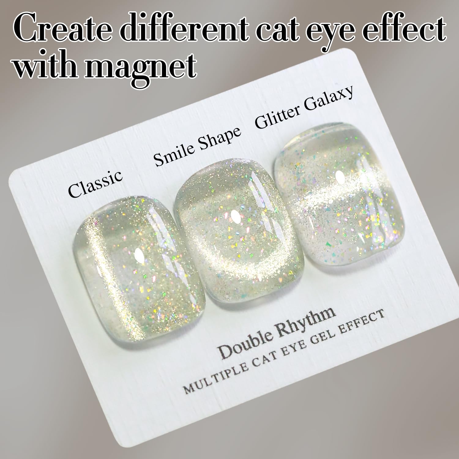 Double Rhythm magnetic glitter nail polish showcases vivid holographic sparkle under light.