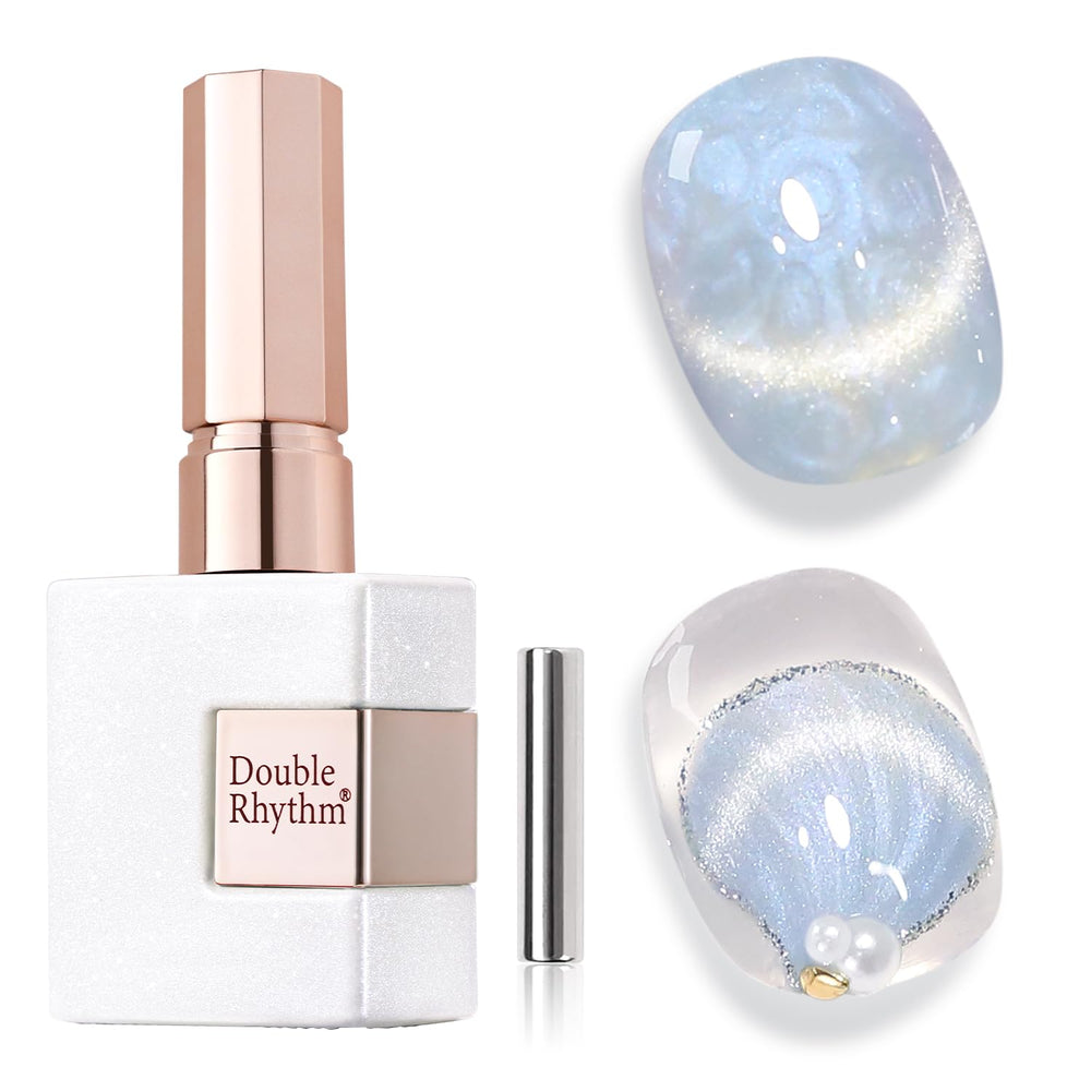 Double Rhythm Mermaid Blue cat eye gel polish bottle with magnetic shimmer for at-home nails.