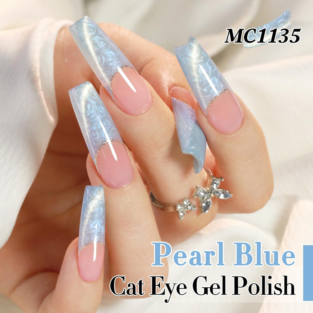 LED/UV cure-ready Mermaid Blue gel polish housed in glass bottle.