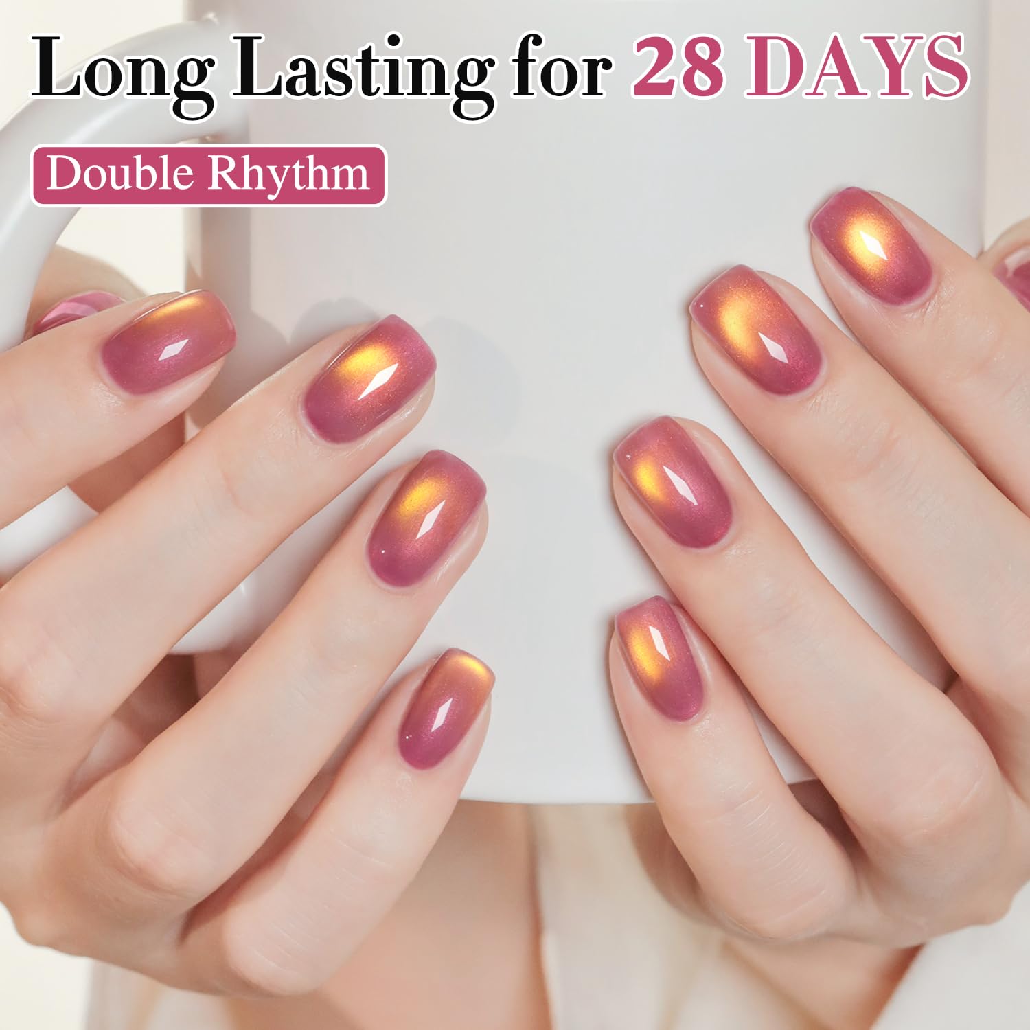 Nail art with cat-eye gel polish on a hand model for inspiration.