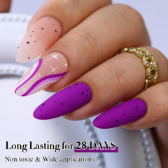 Nails under UV lamp curing Double Rhythm neon purple gel polish.