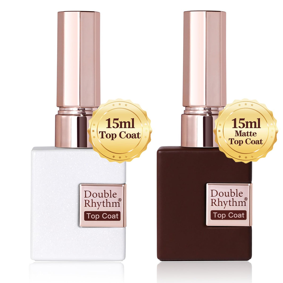 Double Rhythm no-wipe top coat bottle close-up with glossy finish and long-lasting shine