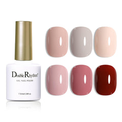 Double Rhythm nude gel polish bottles arranged for a soft pastel manicure at home.