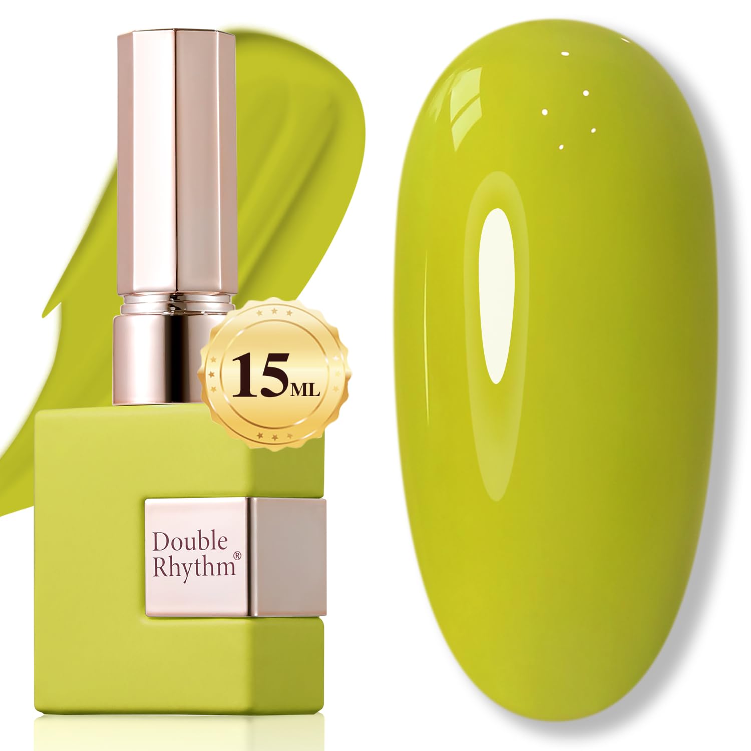 Double Rhythm olive green gel polish bottle; rich color and sleek label.