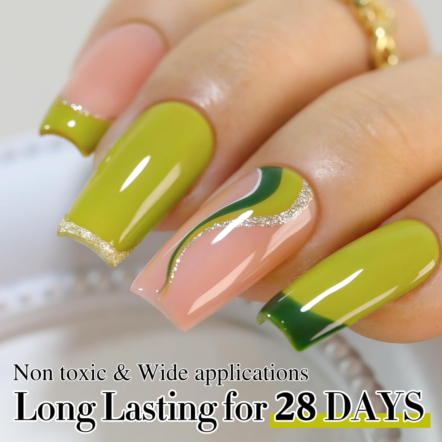 Double Rhythm olive green gel polish high gloss finish.