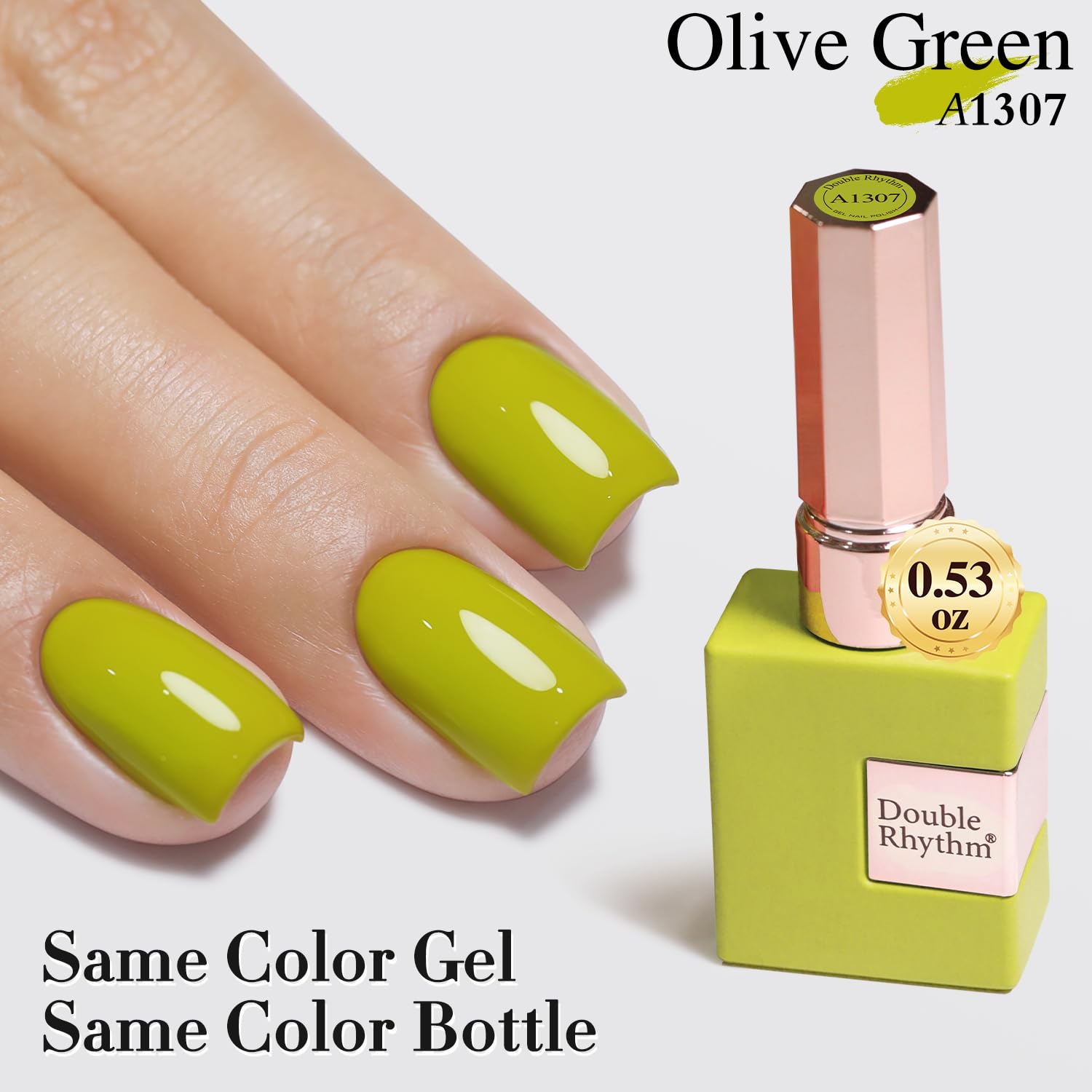 Double Rhythm olive green polish application on natural nails.