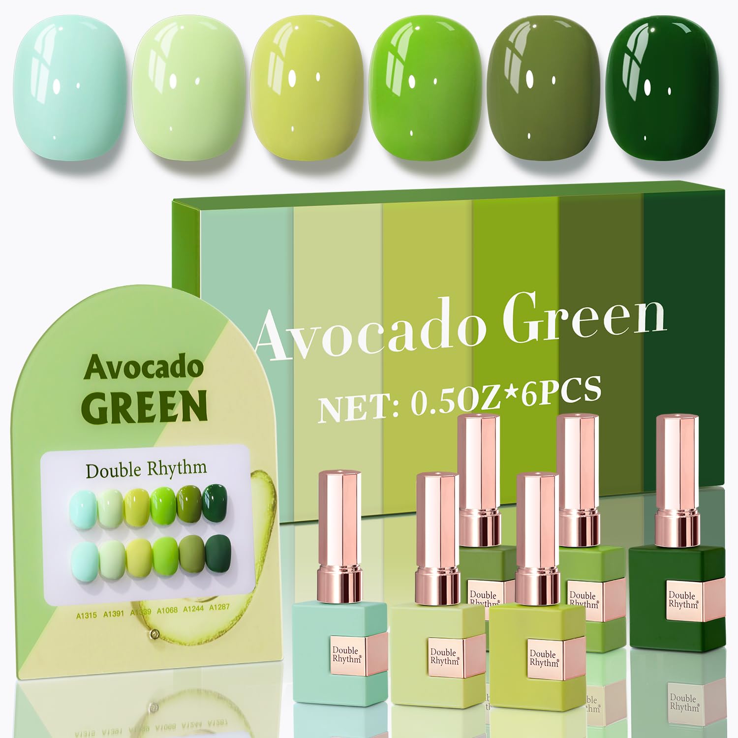 Double Rhythm olive-teal gel polish swatches show consistent color across six bottles.