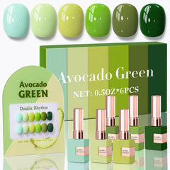 Double Rhythm olive-teal gel polish swatches show consistent color across six bottles.